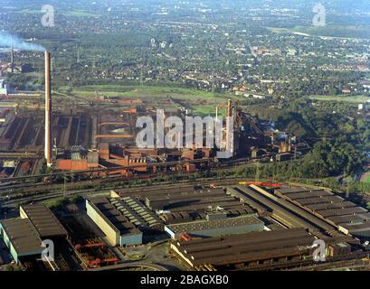 Thyssen-Krupp area in Duisburg-Marxloh, 18.10.1999, aerial view, Germany, North Rhine-Westphalia, Ruhr Area, Duisburg Stock Photo