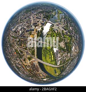 city centre of Muelheim with river Ruhr and Darlington Park, 02.06.2011, aerial view, Germany, North Rhine-Westphalia, Ruhr Area, Muelheim/Ruhr Stock Photo