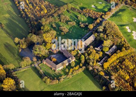 poultry farm Spee'sches Gefluegelgut Haus Boeckum at Boeckumer Burgweg in Duisburg-Huckingen, 13.11.2013, aerial view, Germany, North Rhine-Westphalia, Ruhr Area, Duisburg Stock Photo