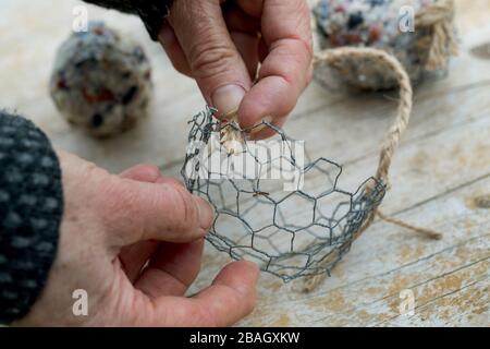 making a holder for fat balls, series picture 5/6, Germany Stock Photo