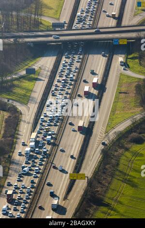 , Traffic jam on the motorway A40 exit Duisburg-Rheinhausen in Duisburg, 12.03.2015, aerial view, Germany, North Rhine-Westphalia, Ruhr Area, Duisburg Stock Photo