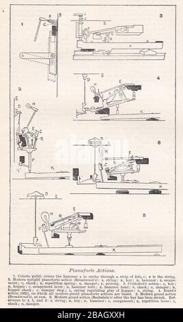 Vintage diagrams of Pianoforte Actions 1900s. Stock Photo