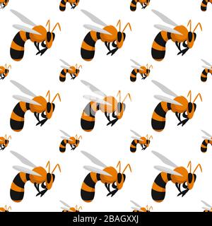 Seamless pattern with bees on white honeycomb background. Small wasp ...