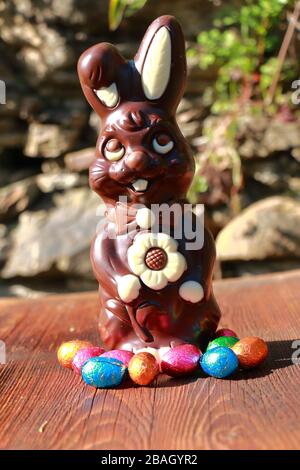 Easter chocolate rabbit with colored eggs in a ntural environment Stock Photo