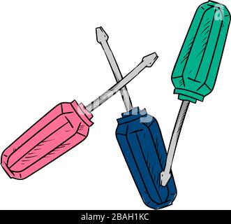 Three screwdrivers, illustration, vector on white background Stock Vector