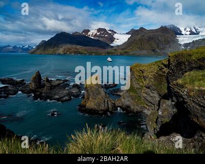 Stunning views over Gold Harbor, South Georgia Island with the National Geographic Orion Stock Photo