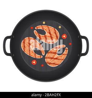 Grilled salmon steak in a pan with chili peppers, isolated on white background. Slice of red fish salmon, isolated on white background. Vector Stock Vector