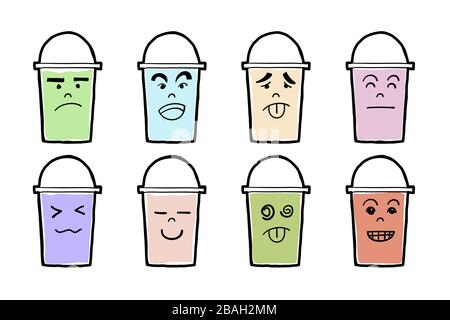 Vary of iced drink cup as Juice or Pearl tea. Light colors and Face emotions in comic style. Drawing vector illustration. Stock Vector