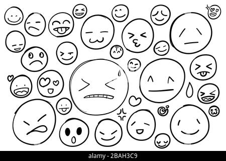 Drawing vector comic round faces with emotions for any decoration in graphic design. Single line art illustration isolation on white background. Stock Vector