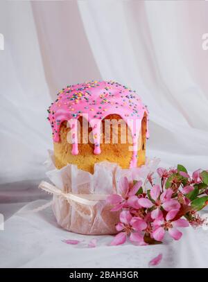 Beautiful holiday composition with Easter cake of sweet bread paska Stock Photo