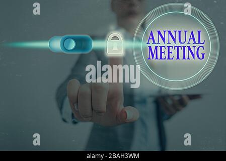 Handwriting text Annual Meeting. Conceptual photo yearly meeting of the general membership of an organization Stock Photo