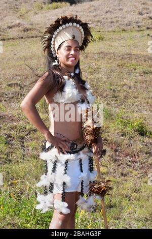 Rapa Nui woman in traditional dress on Easter Island Stock Photo