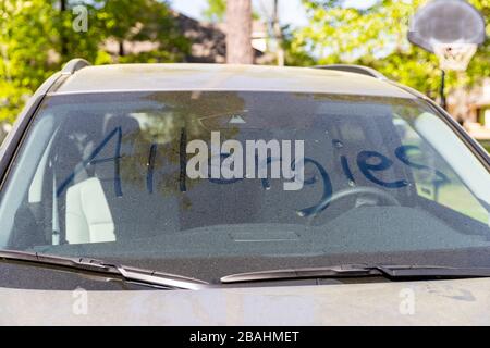 Pollen on vehicle windshield with the word 'Allergies' written in it. Stock Photo