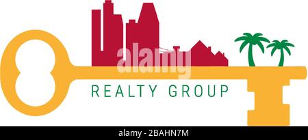 California real estate vector icon. Golden key, skyscrapers, palm trees. Branding idea, business card emblem. Stock Vector