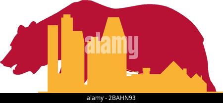 California real estate vector icon. City skyline, skyscrapers and suburbs silhouette and californian grizzly bear. Branding idea, business card emblem Stock Vector