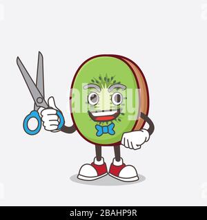 A picture of Kiwi Fruit mascot character as smiling barber with scissors on hand Stock Photo