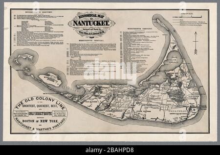 Nantucket Island, 1869. restored reproduction. An historical map that includes rich historical detail covering the 17th, 18th, and 19th century. Cites Native American claims, settlements, and burial grounds. Stock Photo