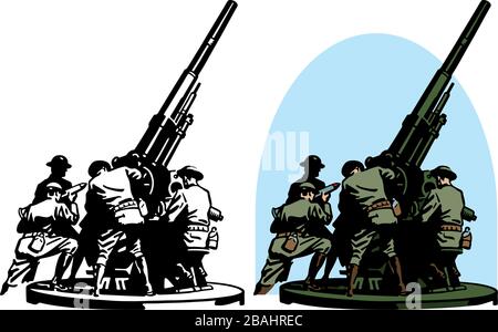 A drawing of a World War II era anti aircraft cannon manned by soldiers. Stock Vector