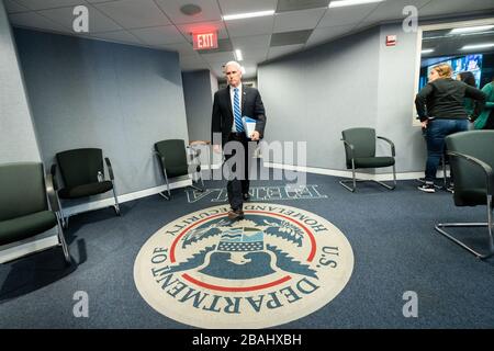 Washington, United States Of America. 23rd Mar, 2020. Vice President Mike Pence arrives to the Federal Emergency Management Agency Headquarters in Washington, DC Monday, March 23, 2020, to participate in a video teleconference with Governors to discuss a partnership to prepare, mitigate, and respond to the coronavirus pandemic. People: Vice President Mike Pence Credit: Storms Media Group/Alamy Live News Stock Photo