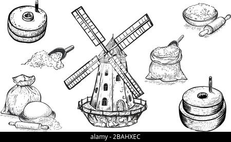 Set of flour, hand mill, windmill, wheat, grain, ingredients. Hand drawn vector illustration. Engraving style. Big set. Stock Vector