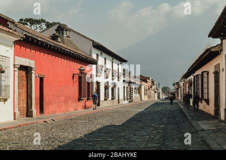 Empty streets as curfew begins in colonial Antigua Guatemala, a popular tourist destination, businesses closed due to coronavirus pandemic quarantine