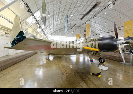 SEPTEMBER 19, 2015, EVERETT, WA: Wide shot of the Mitsubishi A6M3-22 Reisen 'Zero',  with folded wing for carrier storage. Stock Photo