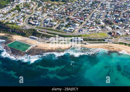 Aerial view of Merewether beach - Newcastle NSW Australia, Merewether is one of Newcastle's best beaches. Stock Photo