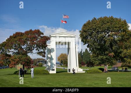 The Peace Arch, a monument situated near the westernmost point of the Canada–US border, in Blaine, Washington, seen on Monday, Oct 14, 2019. Stock Photo