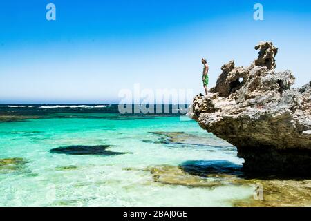 Admiring and snorkelling Cristal Clear Coastal Reef in Rottnest Island, Western Australia, Perth Stock Photo