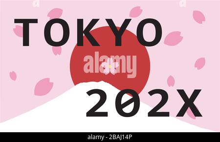 Text of Tokyo and 202X with a red sun and mountain in background Stock Vector