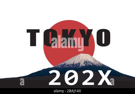 Text of Tokyo and 202X with a red sun and mountain in background Stock Vector