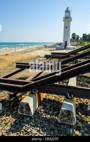 Talaimannar, Sri Lanka - February 2020: End of the railway line at Talaimannar beach next to the lighthouse on February 26, 2020 in Talaimannar. Stock Photo