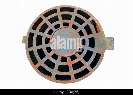 Cast-iron manhole cover storm sewer isolate on a white background. close-up. Stock Photo