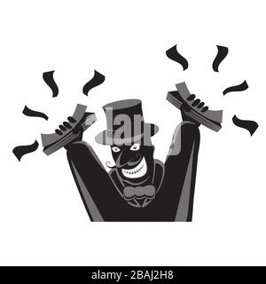 A man in a top hat with his hands up holds money on a white isolated background. Vector image Stock Vector