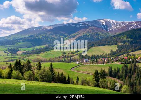great outdoors on a sunny springtime day. beautiful countryside landscape in mountains. forest behind the meadow covered in fresh green grass. borzhav Stock Photo