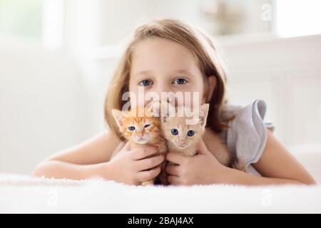 Child holding baby cat. Kids and pets. Little girl hugging cute little kitten at home. Domestic animal in family with kids. Children with pet animals. Stock Photo