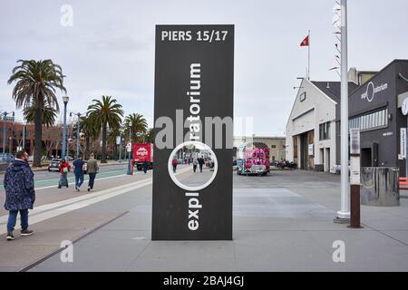 The sign at the Exploratorium, a museum of science, technology and arts in San Francisco, California, seen on Sunday, Mar 1, 2020. Stock Photo