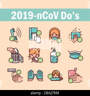 do and donts prevent spread of covid19 icons vector illustration line and file icon Stock Vector