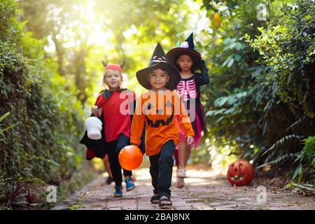 Child in Halloween costume. Mixed race Asian and Caucasian kids trick or treat on suburban street. Little boy and girl with pumpkin lantern and candy Stock Photo