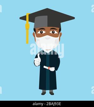 Black dark skin Afro African confused graduate with mask white gloves thumb up hat diploma in his hand Stock Vector