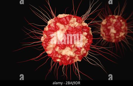 Chinese coronavirus COVID-19 under the microscope. 3d Rendering Stock Photo