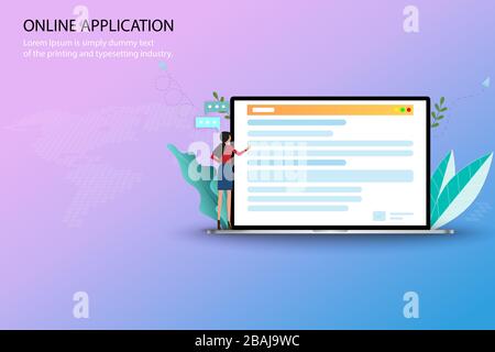 Online application concept, young woman is applying in the internet by using laptop to find a course to apply in the university and or job application Stock Vector