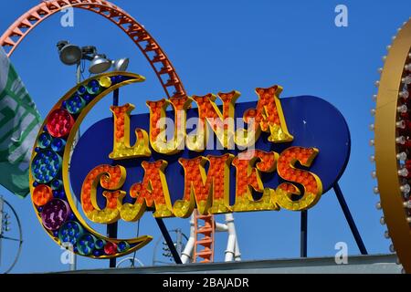 Coney Island, New York, USA-September 2019; close up view of colorful signs of the attractions in the amusements park of Coney Island, New York Stock Photo