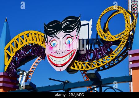 close up view of colorful signs of the attractions in the amusements park of Coney Island, New York Stock Photo