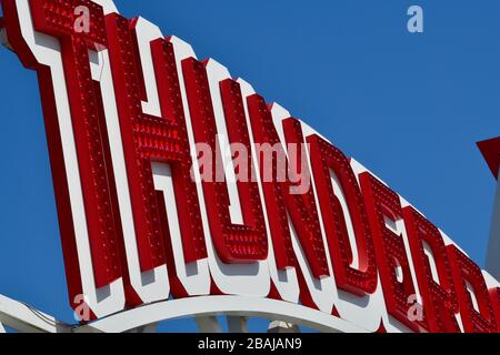 close up view of colorful signs of the attractions in the amusements park of Coney Island, New York Stock Photo