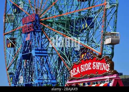 Close up view of a section of one of the attractions Wonder Wheel on iconic Coney Island with its amusemen Stock Photo