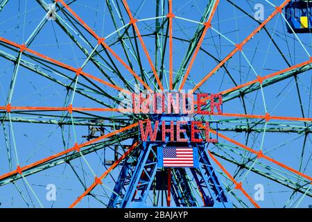 Close up view of a section of one of the attractions Wonder Wheel on iconic Coney Island with its amusemen Stock Photo