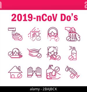 do and donts prevent spread of covid19 icons vector illustration gradient icon Stock Vector