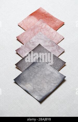 square pieces of multi-colored fabric laid out on a gray background Stock Photo