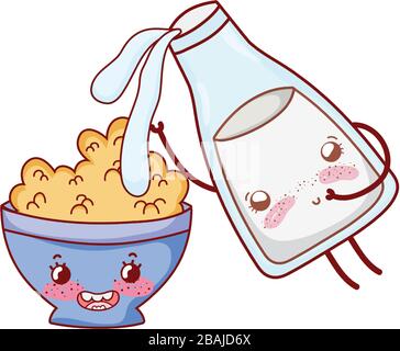 breakfast cute milk pouring in cereal bowl kawaii cartoon vector illustration Stock Vector